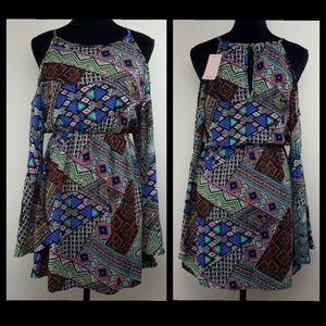 Pink Owl Cold Shoulder Split Bell Sleeve Dress